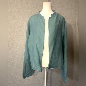 bryn Walker Linen Jacket Large Blue Green Teal Boxy Short Long Sleeve